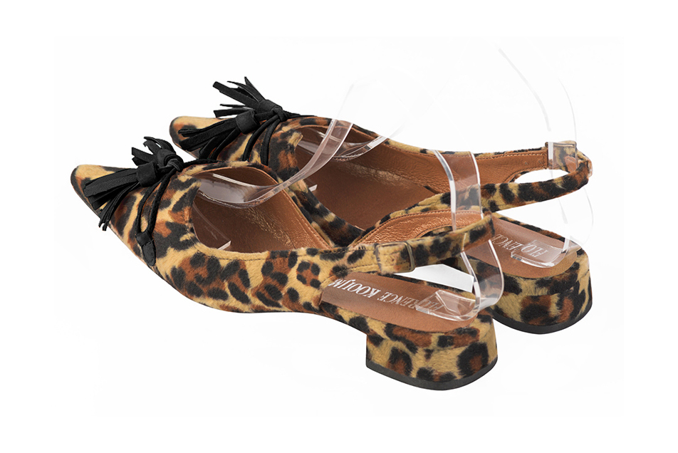 Women's animal print and matt black elegant slingback heels, with a bow on the front. Pointed toe. Flat flare heels - Rear view